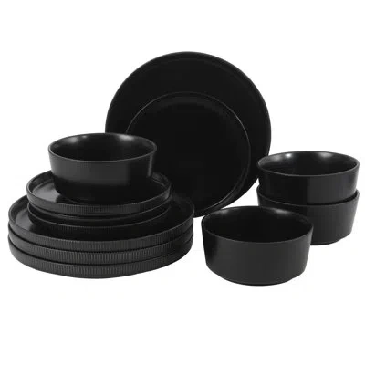 Gibson Home Dempsey Road 12-piece Stoneware Dinnerware Set – Service For 4, Round Black Plates And Bowls, Durabl In Matte Black