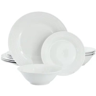 Gibson Home Everyday Embossed 12 Piece Round Ceramic Dinnerware Set In White