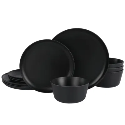 Gibson Home Fairhope 12 Piece Melamine Round Dinnerware Set In Matte Black