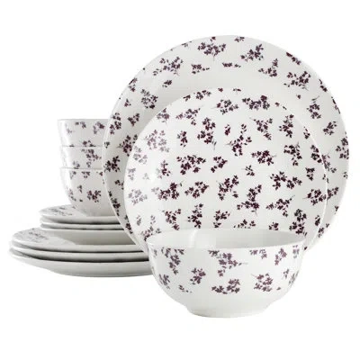 Gibson Home Fine Ceramic 12 Piece Dinnerware Set In Purple In White