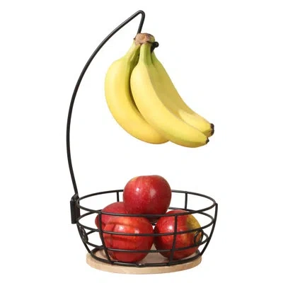 Gibson Home Fruit Basket Bowl With Banana Hanger – Black Metal Wire & Rubberwood Base – Countertop Produce Stand