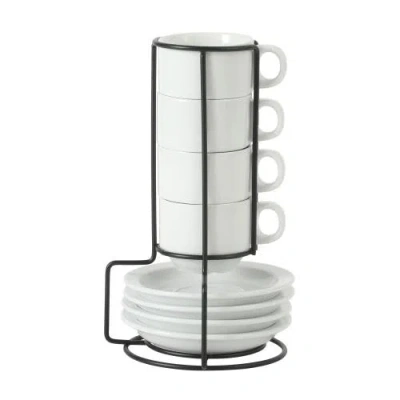 Gibson Home Gracious Dining 9-piece Stoneware Espresso Cup And Saucer Set With Metal Stand In White
