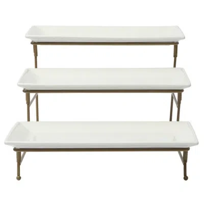 Gibson Home Gracious Dining Dinnerware, 3-tier Rectangle Plate Serving Set With Gold Metal Stand, White