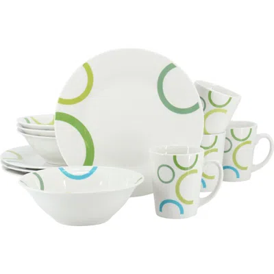 Gibson Home Green Loops 12 Piece Round Fine Ceramic Dinnerware Set In White