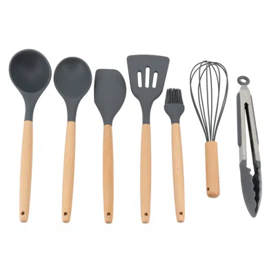 Gibson Home Holton 7 Piece Silicone Beech Wood Kitchen Tool Set In Grey In Gray