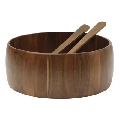 Gibson Home Laurelton 3 Piece Large 13" Acacia Wood Salad Serving Bowl Set W/ 2 Serving Tools In Brown