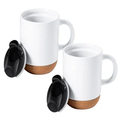 Gibson Home Modani 2 Piece 16.5 Ounce Stoneware Mug Set With Lid And Cork Base In White