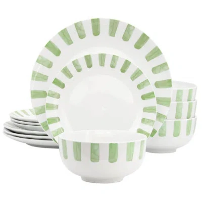 Gibson Home Pacific Waves 12 Piece Round Ceramic Dinnerware Set In Green