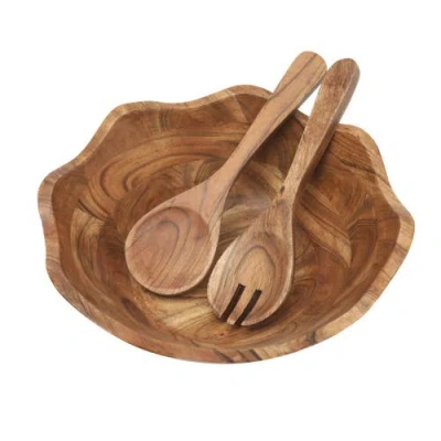 Gibson Home Sandhurst 3-piece Scalloped Acacia Wood Salad Bowl Set In Brown