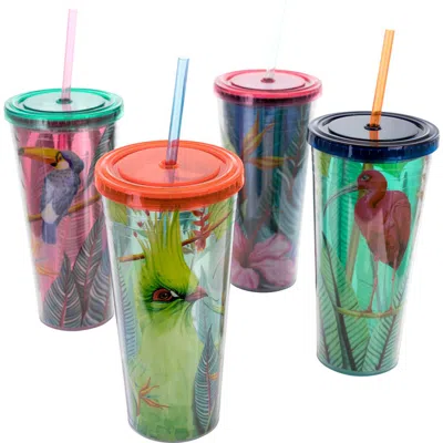 Gibson Home Tropical Bird 4 Piece 23.6 Ounce Double Wall Tumbler Set With Straw In Green