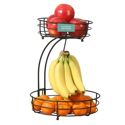 Gibson Home Two-tier Fruit Basket With Banana Hanger – Black Metal Countertop Produce Stand – Kitchen Storage Or