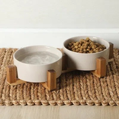 Gibson Home Zoomie Bites Ceramic Dog And Cat Bowl With Acacia Wood Stand Non-slip Matte Glaze Weighted Food Wate In Gray