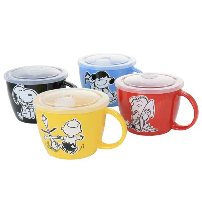 Gibson Peanuts 70th Anniversary 4 Piece Stoneware 23.5oz Soup Bowl Set With Vented Lids In Assorted Colors In Multi