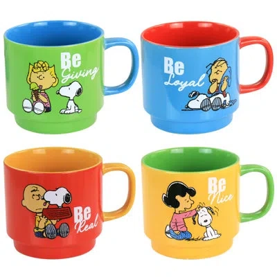 Gibson Peanuts Classic Gentle Reminders Collection 4 Piece Stoneware Stackable Mug Set With Metal Stand In  In Multicolor