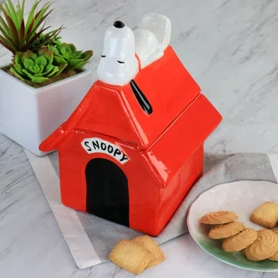 Gibson Peanuts Classic Snoopy Dog House Durastone 11.2in Cooke Jar In Red