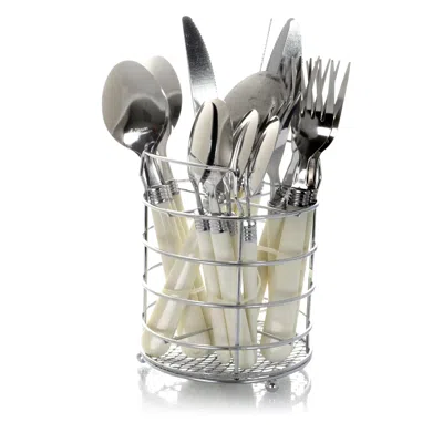 Gibson Sensations Ii 16 Piece Stainless Steel Flatware Set With White Handles And Chrome Caddy
