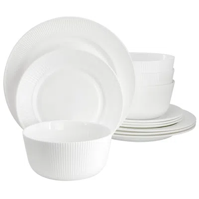 Gibson Ultra Swanton Stripe 12 Piece Break-resistant Opal Glass Dinnerware Set In White