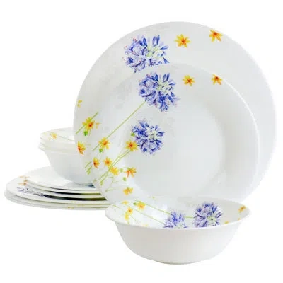 Gibson Ultra Violet Floral 12 Piece Tempered Opal Glass Dinnerware Set In White