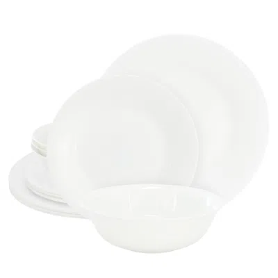 Gibson Ultra White Shadow 12 Piece Opal Glass Dinnerware Set In White