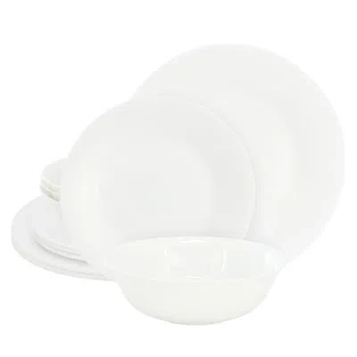 Gibson Ultra White Shadow 12 Piece Opal Glass Dinnerware Set In White