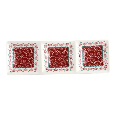 GIBSON VILLAGE VINES 13.5 INCH CERAMIC RECTANGULAR 3 SECTION TRAY IN RED