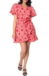 Gibsonlook Batik Print Flutter Sleeve Cotton Poplin Dress In Radiant Red Batik Print