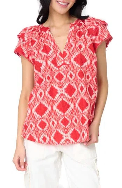 Gibsonlook Batik Print Flutter Sleeve Cotton Poplin Top In Red