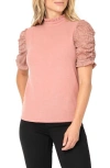 GIBSONLOOK CINCHED LACE SLEEVE KNIT TOP