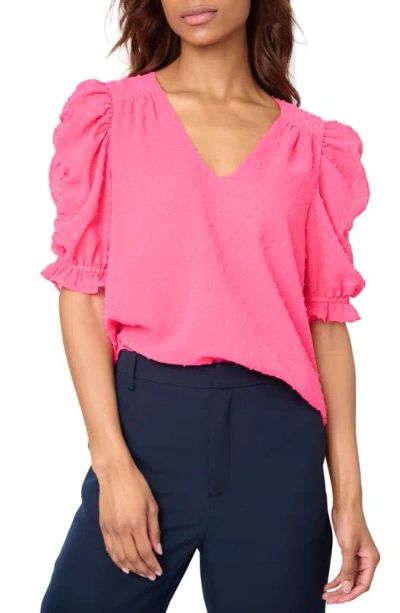 Gibsonlook Clip Dot Ruched Sleeve Chiffon Top In Bright Pink Rose