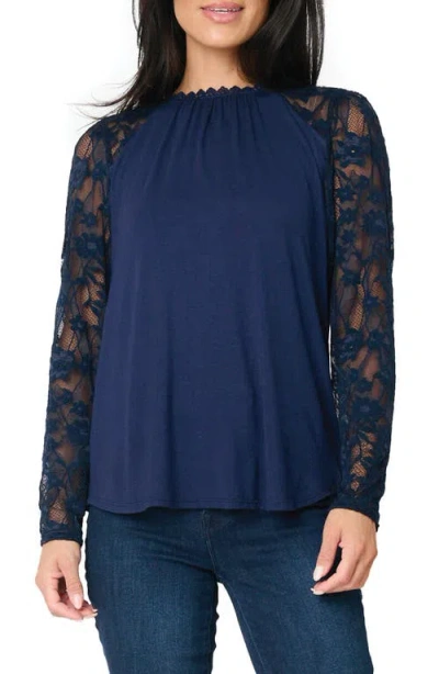 Gibsonlook Cyndi Mix Velvet & Lace Sleeve Top In Royal Navy