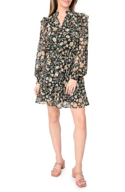 Gibsonlook Daphne Long Sleeve Button Front Minidress In Black Multi Floral