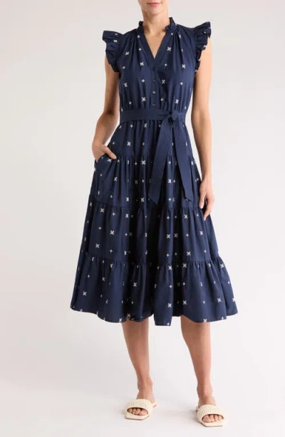 Gibsonlook Dianthus Embroidered Tiered Cotton Midi Dress In Navy Embroidered