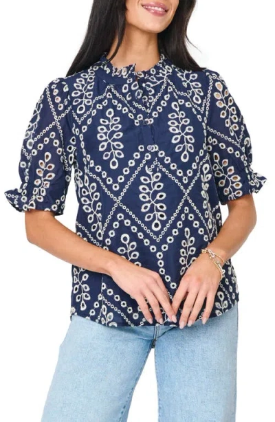 Gibsonlook Dianthus Puff Sleeve Cotton Top In Blue