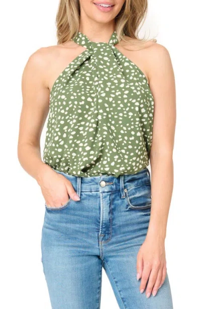 Gibsonlook Dot Print Twist Neck Top In Dark Olive Dot Print