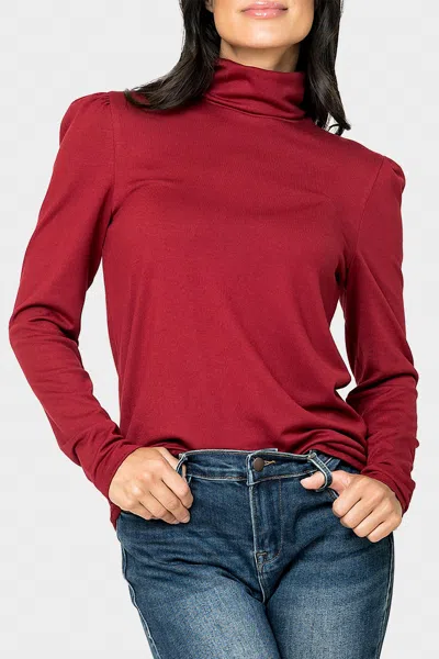Gibsonlook Essential Turtleneck Soft Sweater Knit Top With Puff Sleeve In Deep Garnet In Animal Print