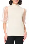 Gibsonlook Feminine Ruffle Top With Organza Puff Elbow Sleeve In Champagne In Neutral