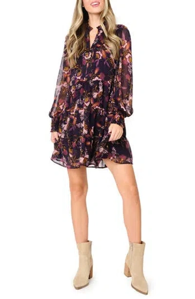 Gibsonlook Floral Long Sleeve Chiffon Babydoll Dress In B Eggplant