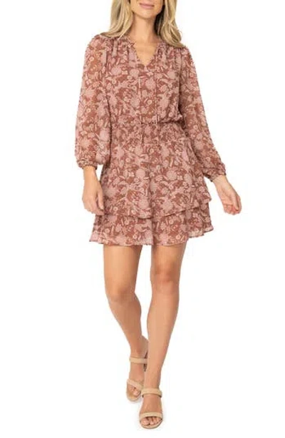 Gibsonlook Floral Long Sleeve Smock Waist Minidress In Brown