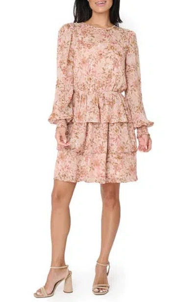 Gibsonlook Floral Print Sparkle Long Sleeve Chiffon Dress In Multi
