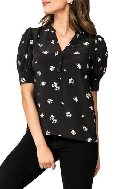 Gibsonlook Floral Print Woven Henley Blouse In Black