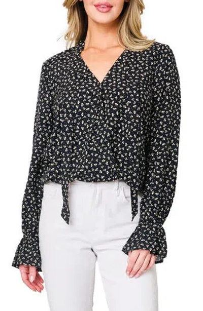 Gibsonlook Floral Surplice Tie Neck Top In Black