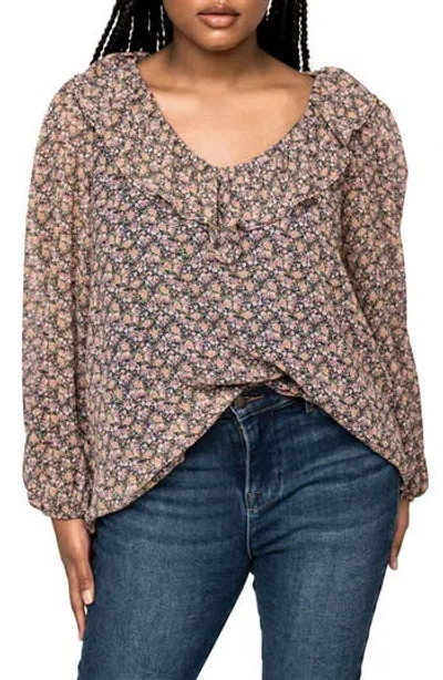 Gibsonlook Gigi V-neck Long Sleeve Floral Top In Brown