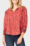 Gibsonlook Harvest Moon Border Print Blouse In Burgundy Spice Border Print In Red