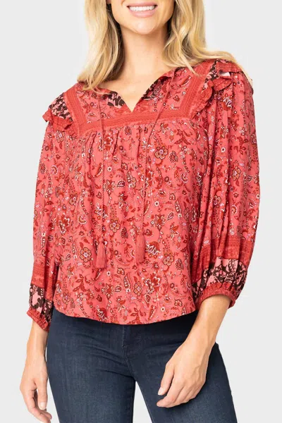 GIBSONLOOK HARVEST MOON BORDER PRINT BLOUSE IN BURGUNDY SPICE BORDER PRINT