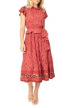 Gibsonlook Harvest Moon Floral Paisley Side Bow Midi Dress In Brgndy Spice Prt
