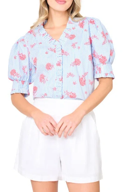 Gibsonlook Iris Stripe Floral Stretch Cotton Poplin Top In Blue