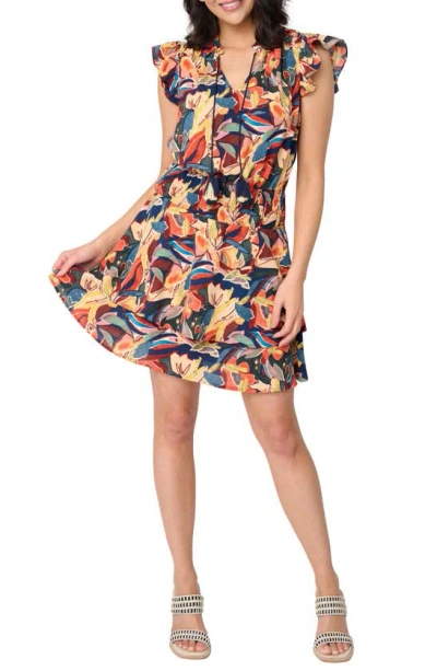 Gibsonlook Isla Floral Smocked Waist Flutter Sleeve Minidress In Abstract Painterly Floral