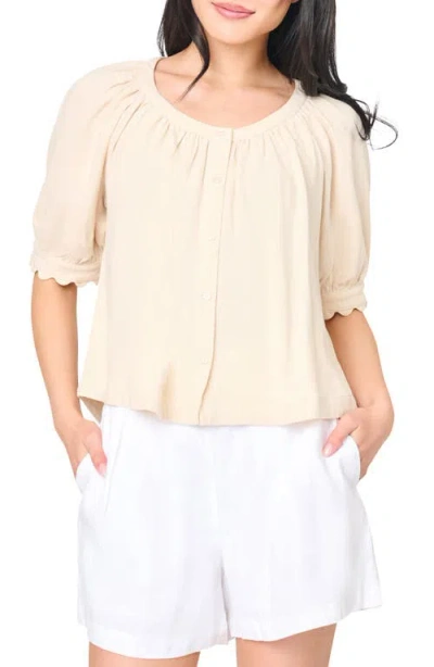 Gibsonlook Lily Scallop Sleeve Button-up Top In Brown