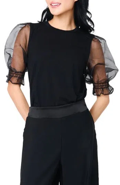 Gibsonlook Mixed Media Organza Puff Sleeve Ponte Top In Black