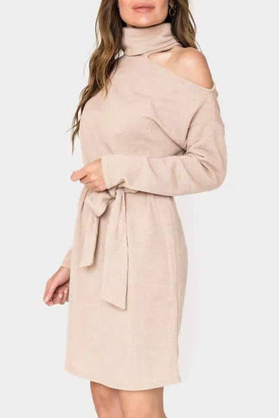 Gibsonlook Mock Neck Ribbed One Shoulder Cut Out Knit Dress In Beige In Brown